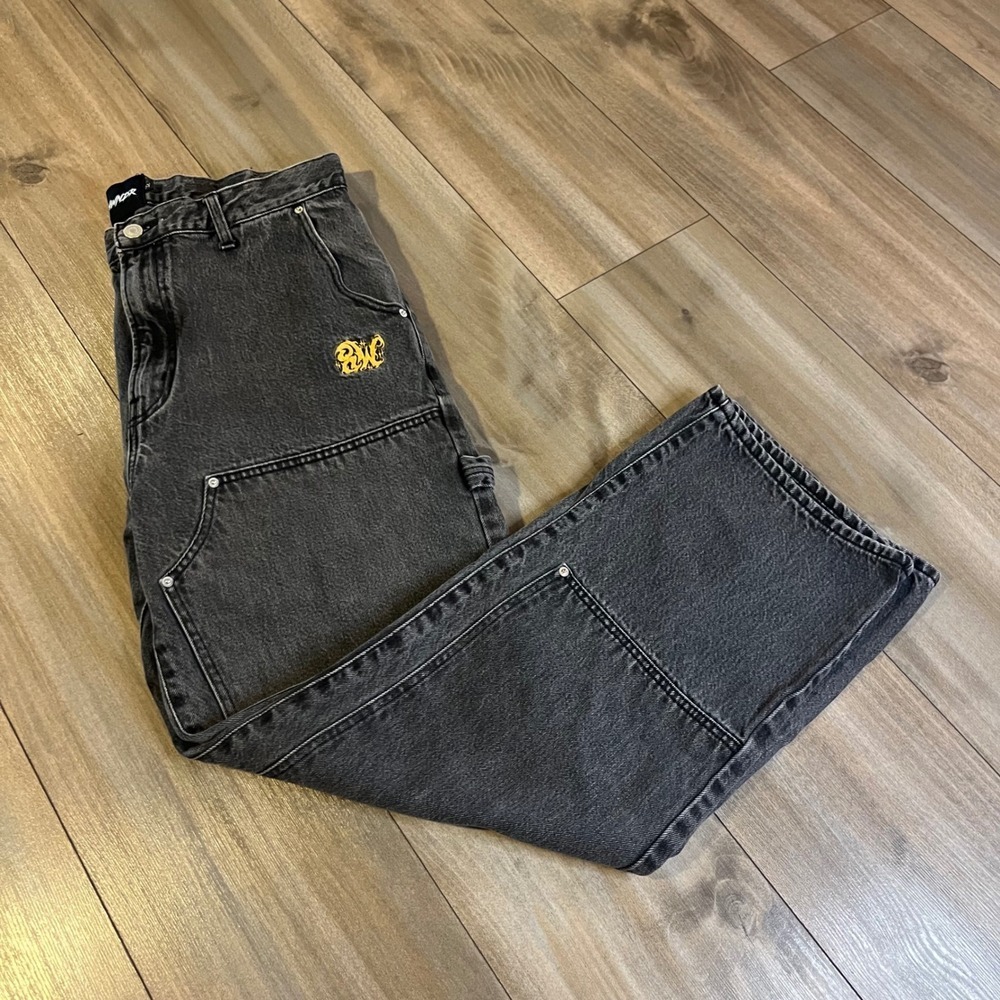 8THWDR Double Knee Denim Carpenter Pants Black Jeans Streetwear Men 32